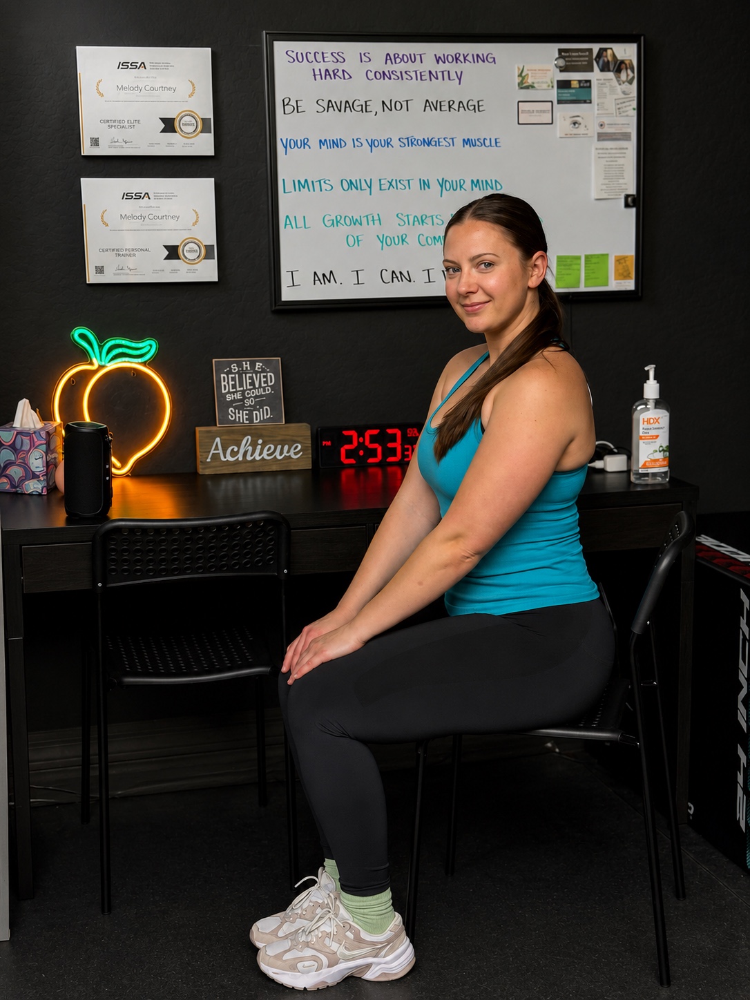 Melody Courtney seated in the Desert Blaze studio beside her training certificates